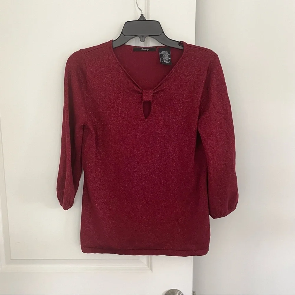 Ralsey Red Sparkly Metallic 3/4 Bell Sleeve V-Neck Keyhole